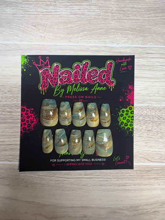 Sage & Gold Marble Press-On Nails